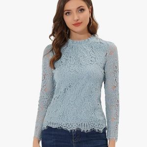 Rose and Olive Boutique Blue Lace Long Sleeve Blouse Medium